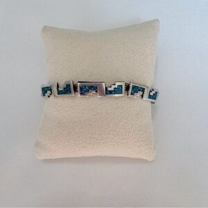Vintage Mexico 925 Turquoise Inlay Geometric Link Bracelet Box Clasp 7.5”